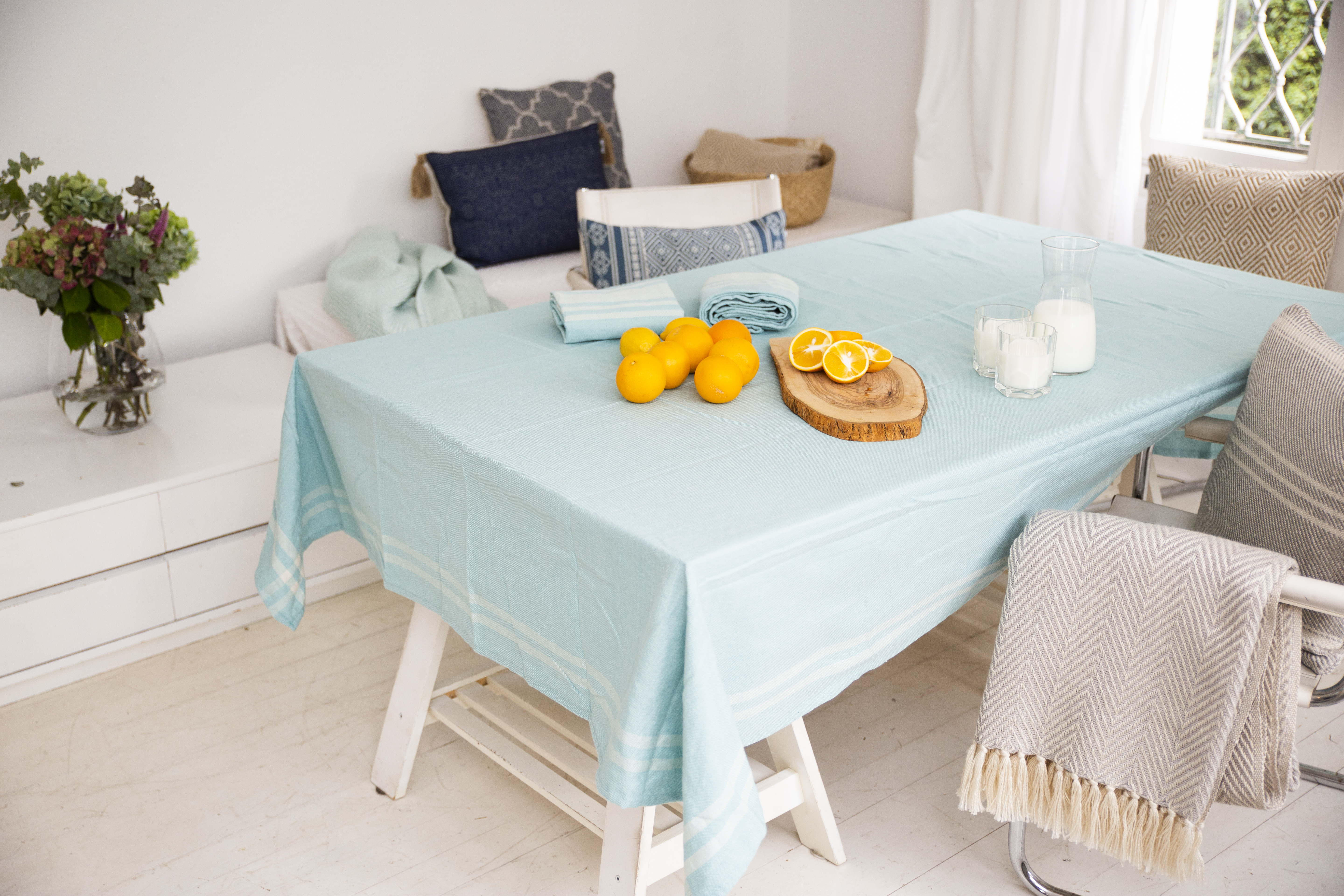 Eggshell Blue Gingham Border Tablecloth